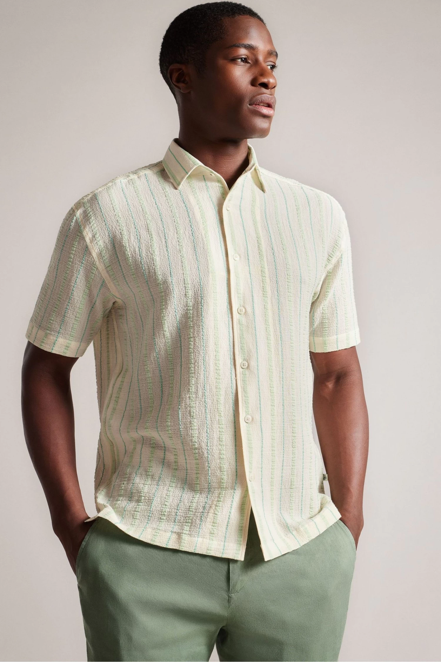 Ted Baker Green Hillma Short Sleeved Seersucker Stripe Shirt