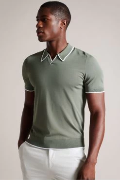 Ted Baker Green Stortfo Short Sleeved Rayon Open Neck Polo Shirt