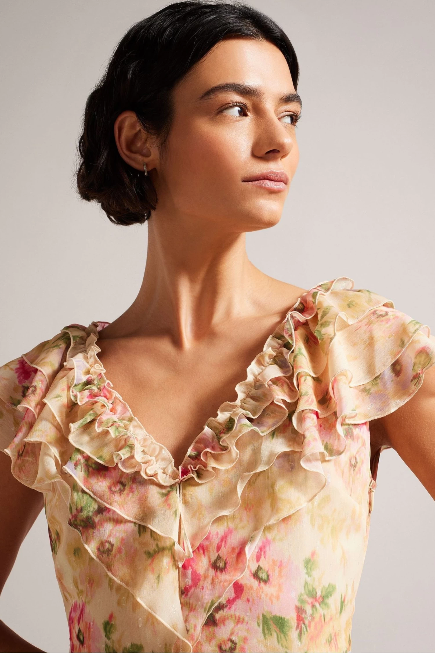 Ted Baker Ammiah Frilled Sleeveless V-Neck Mini Brown Dress - Image 4