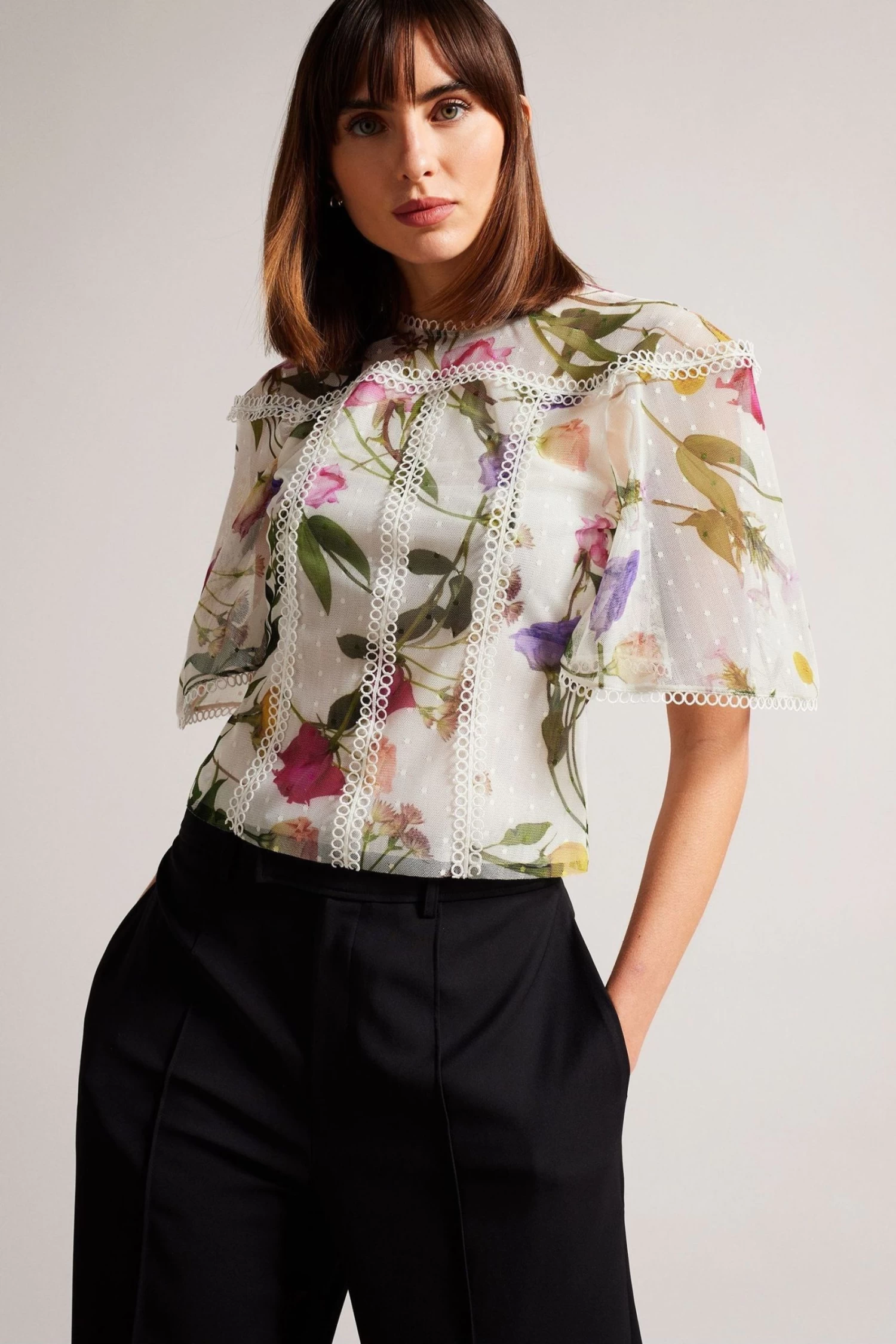 Ted Baker Arelln White High Neck Top With Lace Tapes