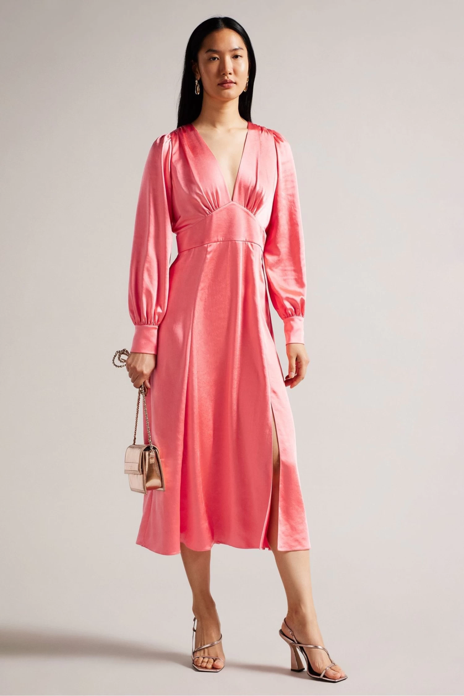 Ted Baker Pink Daniia Coral Waisted Midi Dress With Blouson Sleeve