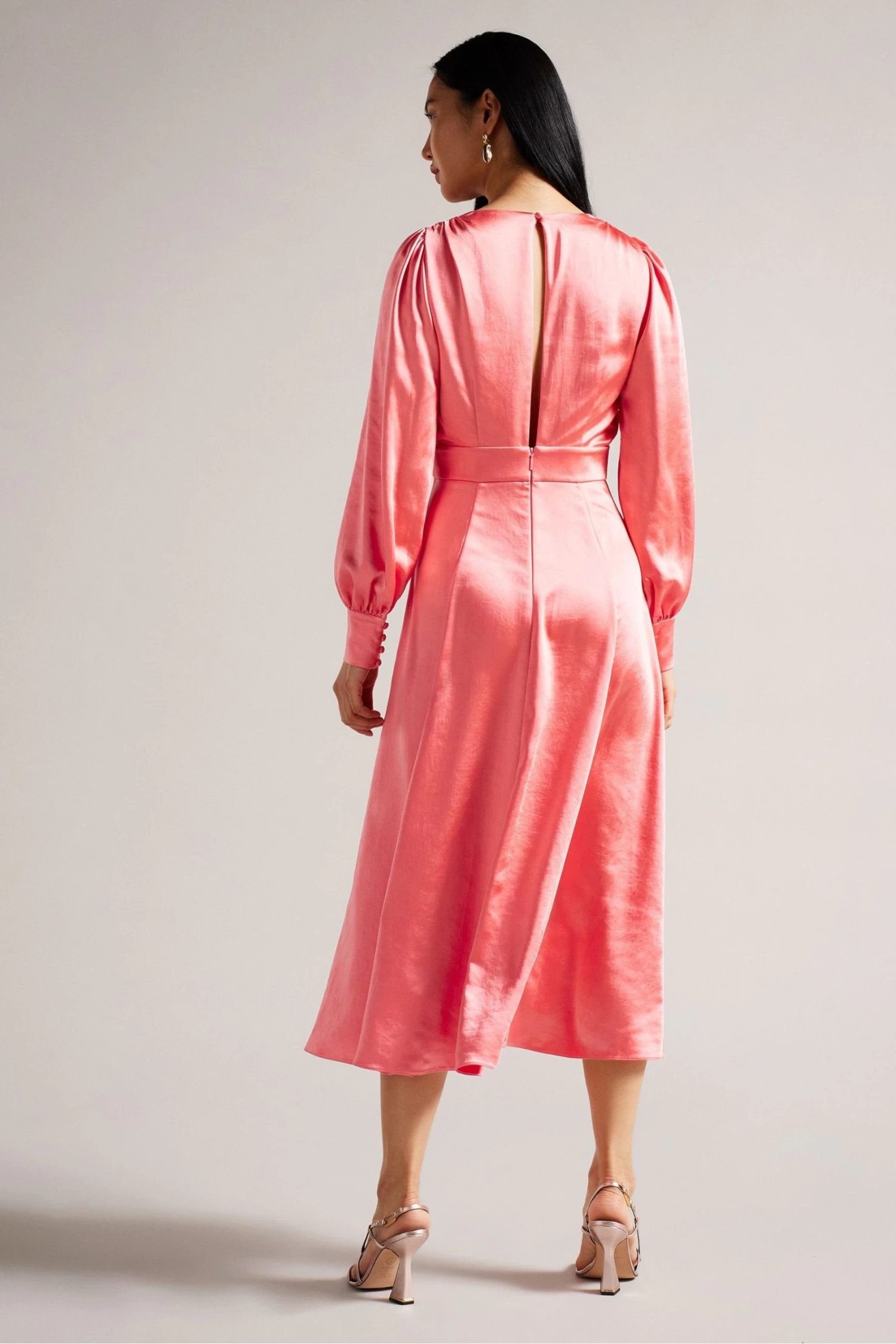 Ted Baker Pink Daniia Coral Waisted Midi Dress With Blouson Sleeve - Image 2