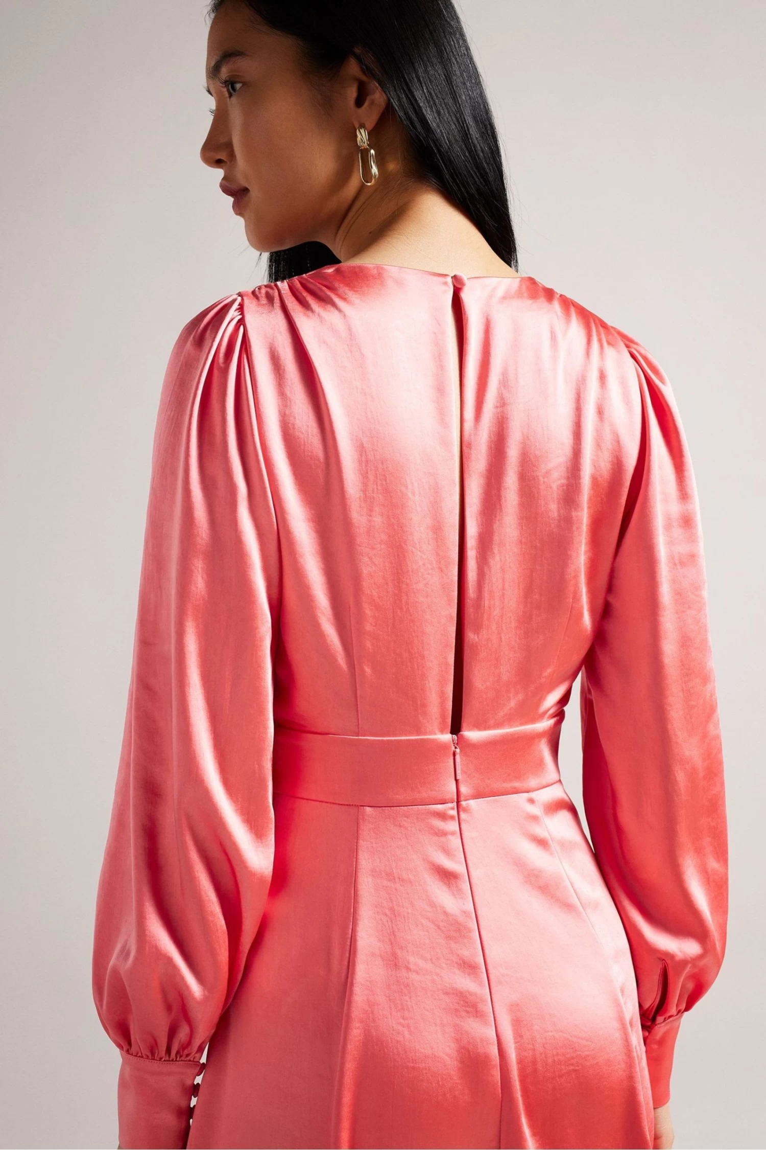 Ted Baker Pink Daniia Coral Waisted Midi Dress With Blouson Sleeve - Image 4