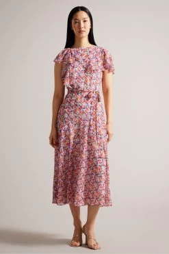 Ted Baker Priiyah Midi Belted White Tea Dress With Ruffles