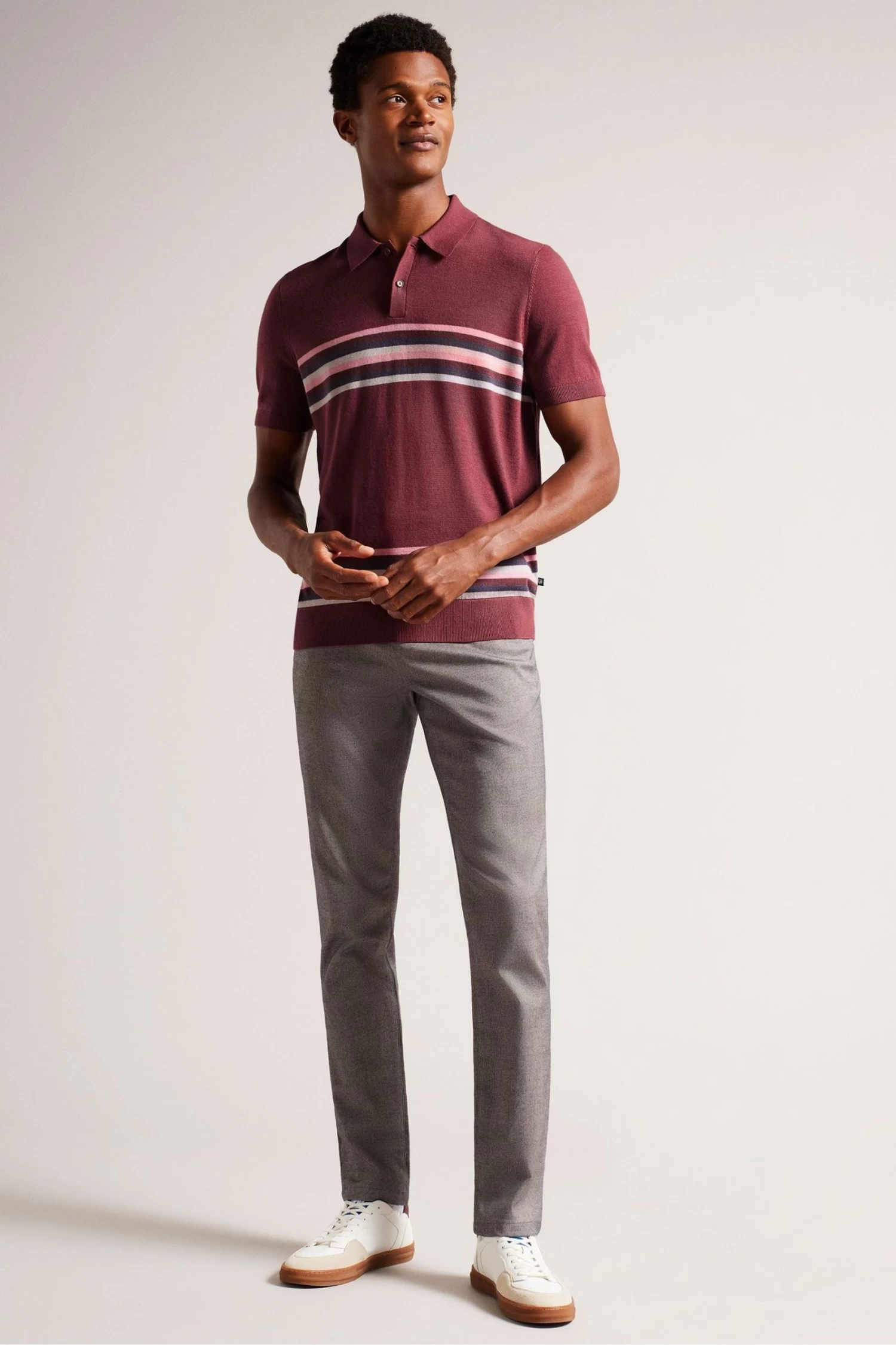 Ted Baker Red Pital Maroon Short Sleeves Merino Stipe Polo Shirt - Image 3