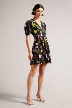 Ted Baker Black Opallie Mini Puff Sleeve Tea Dress