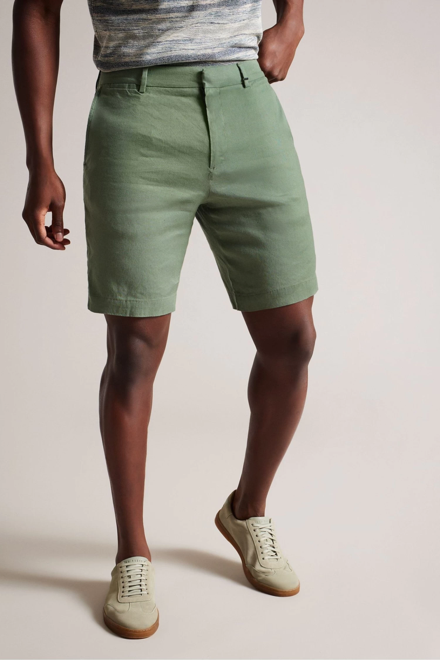 Ted Baker Green Leder Linen Blend Half Elasticated Shorts