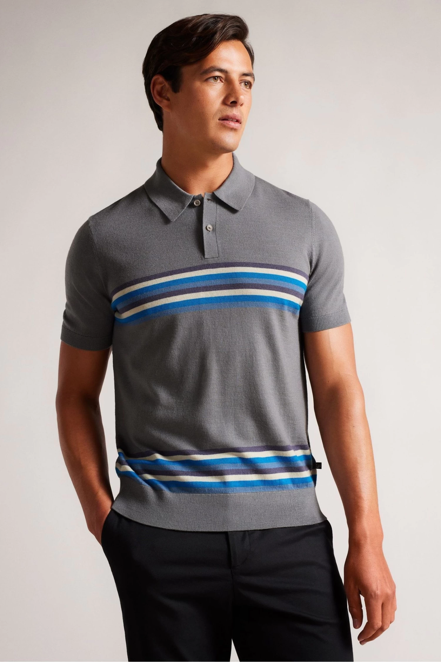 Ted Baker Grey Merino Stripe Polo Shirt