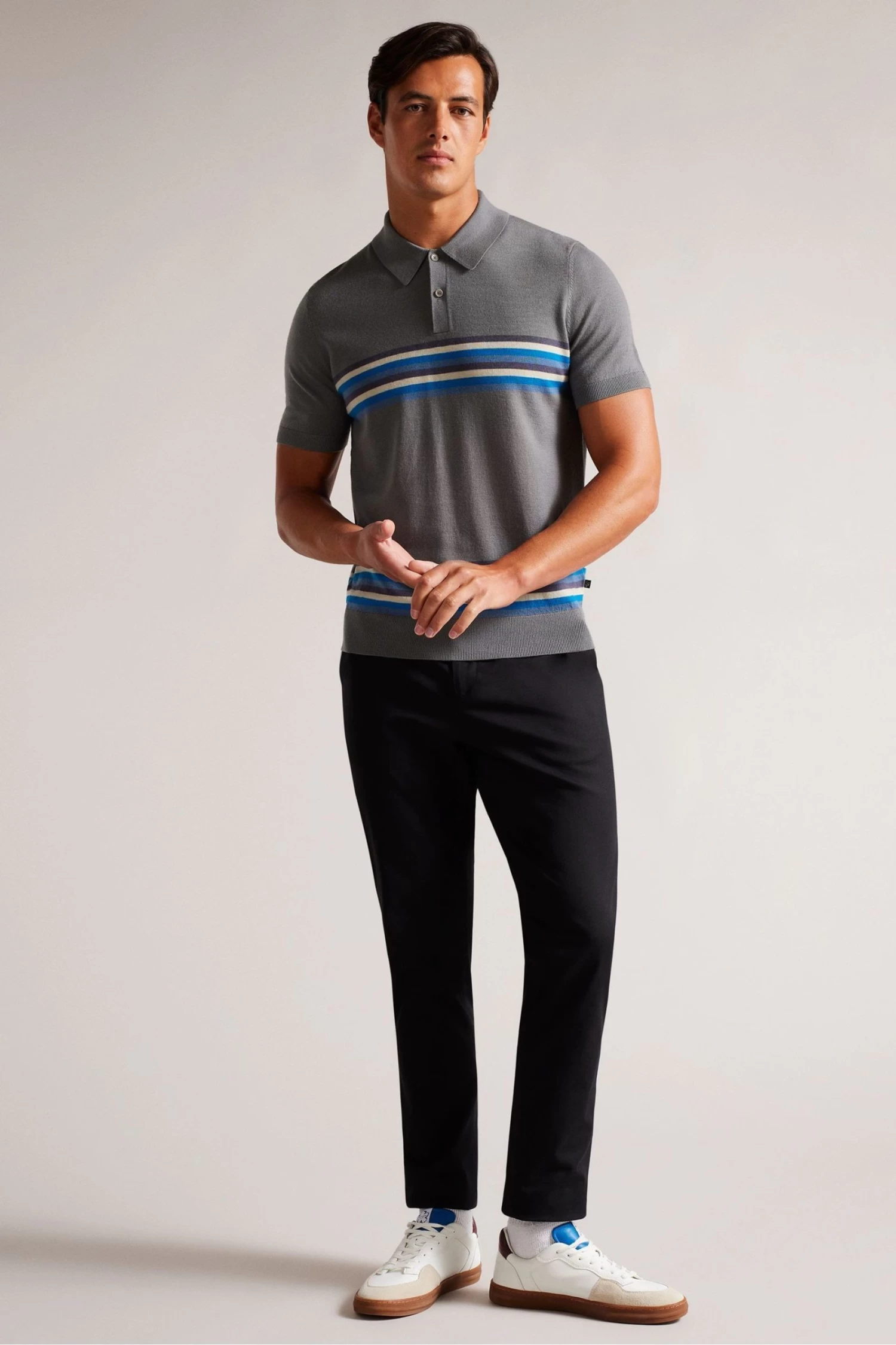 Ted Baker Grey Merino Stripe Polo Shirt - Image 3