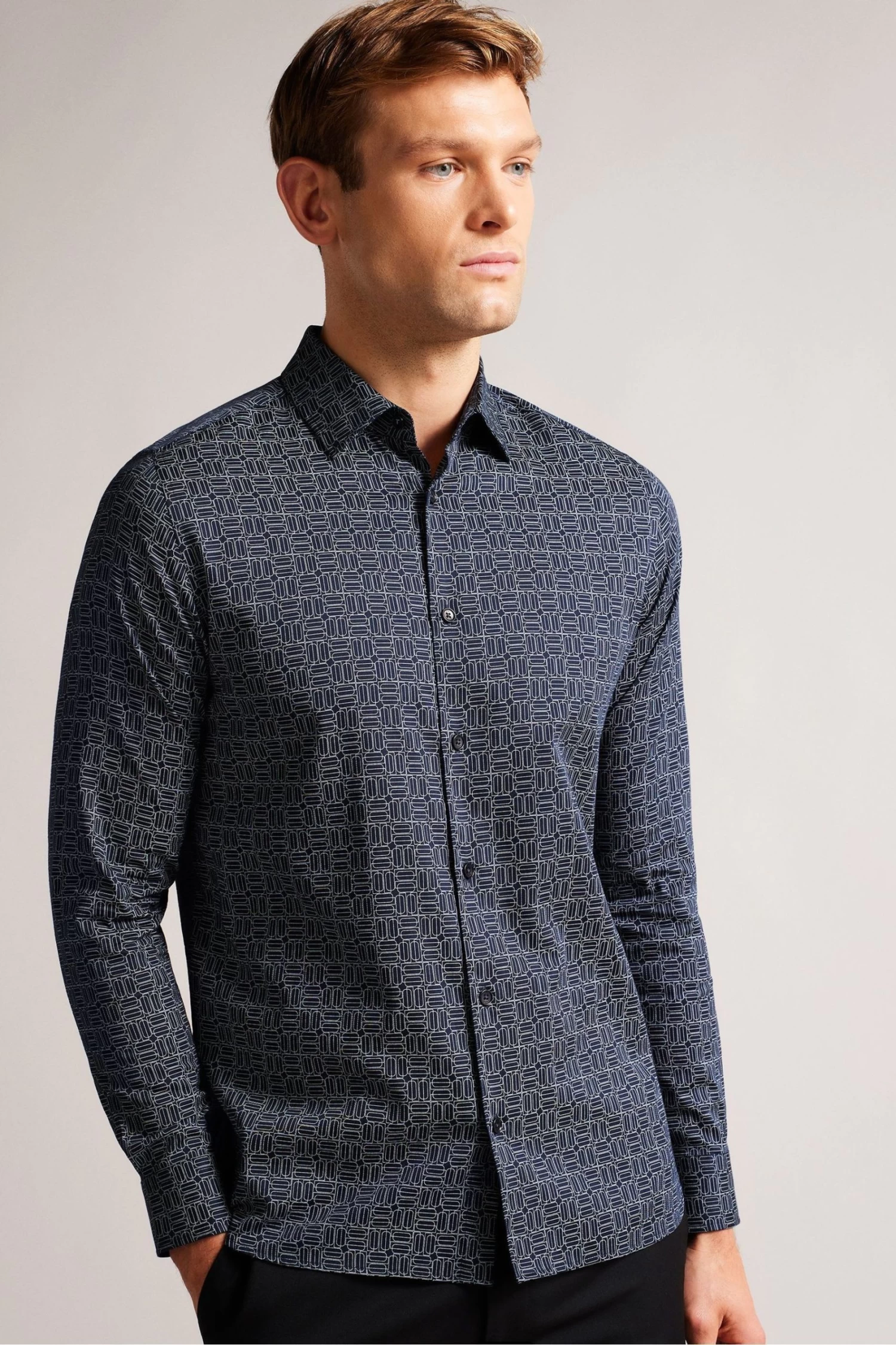 Ted Baker Navy Blue Andover Long Sleeve Line Geo Shirt