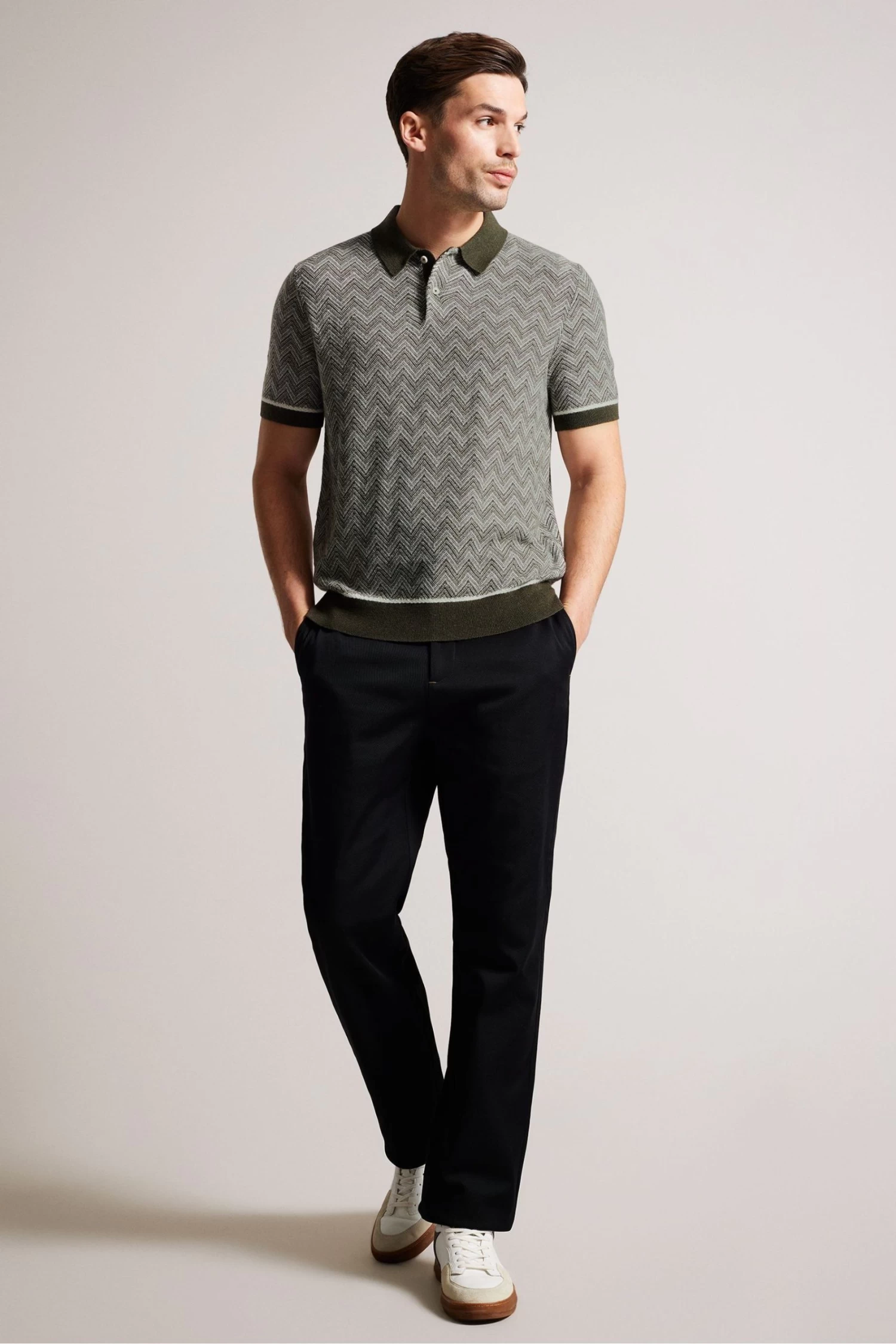 Ted Baker Green Waldun Short Sleeve Zig Zag Stitched Polo Shirt - Image 3