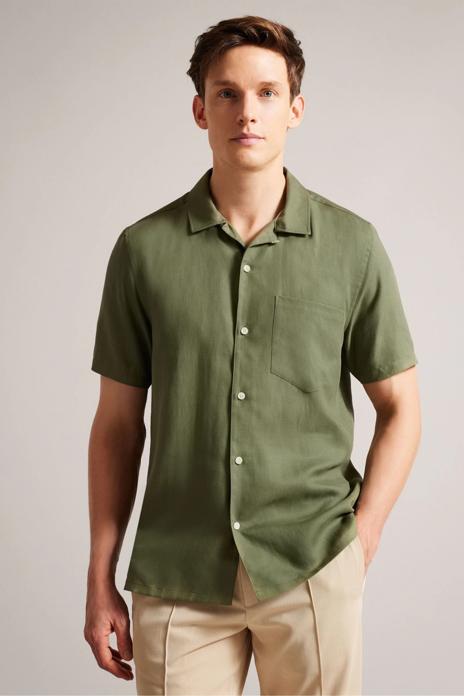 Ted Baker Green Wesland Short Sleeved Linen Blend Revera Shirt