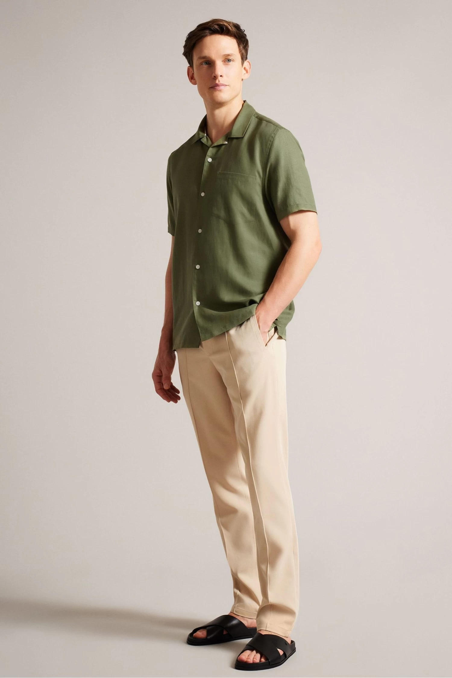 Ted Baker Green Wesland Short Sleeved Linen Blend Revera Shirt - Image 3