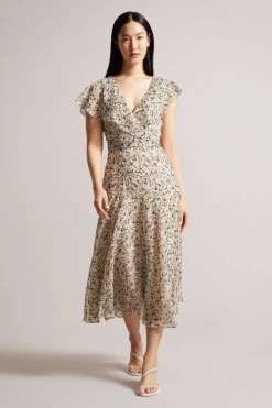 Ted Baker Pink Taliar Midi Tea Dress With Circular Cut Ruffles