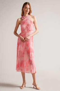 Ted Baker Pink Mirelia Coral Cross Front Pleated Midi Dress