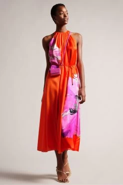 Ted Baker Immia Halterneck Swing Maxi Dress With Self Orange Belt