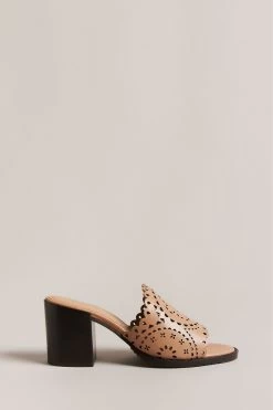 Ted Baker Beebah Laser Cut Block Heel Brown Mules