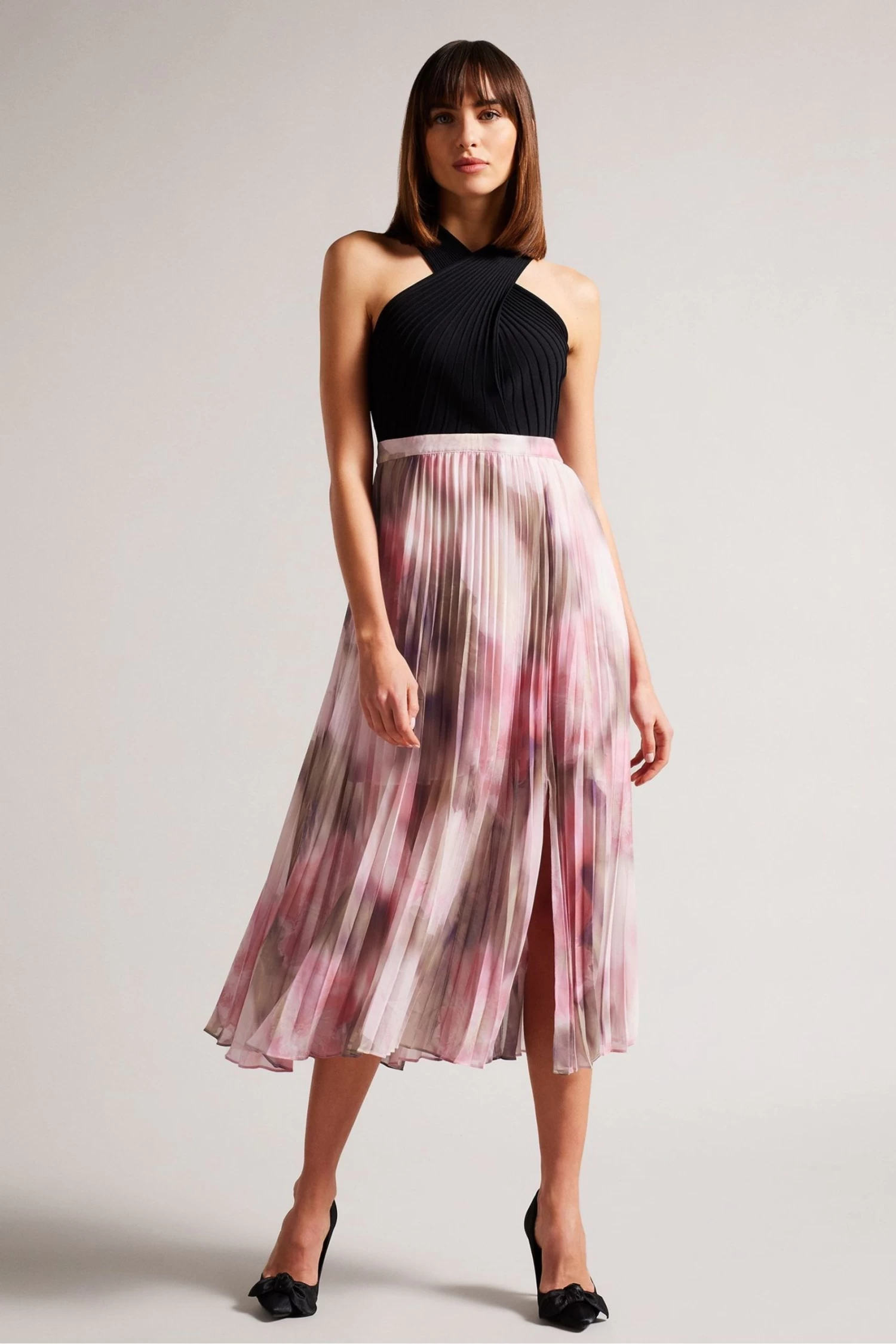 Ted Baker Pink Loulous Coral Cross Front Pleated Dress With Knit Bodice - Image 3