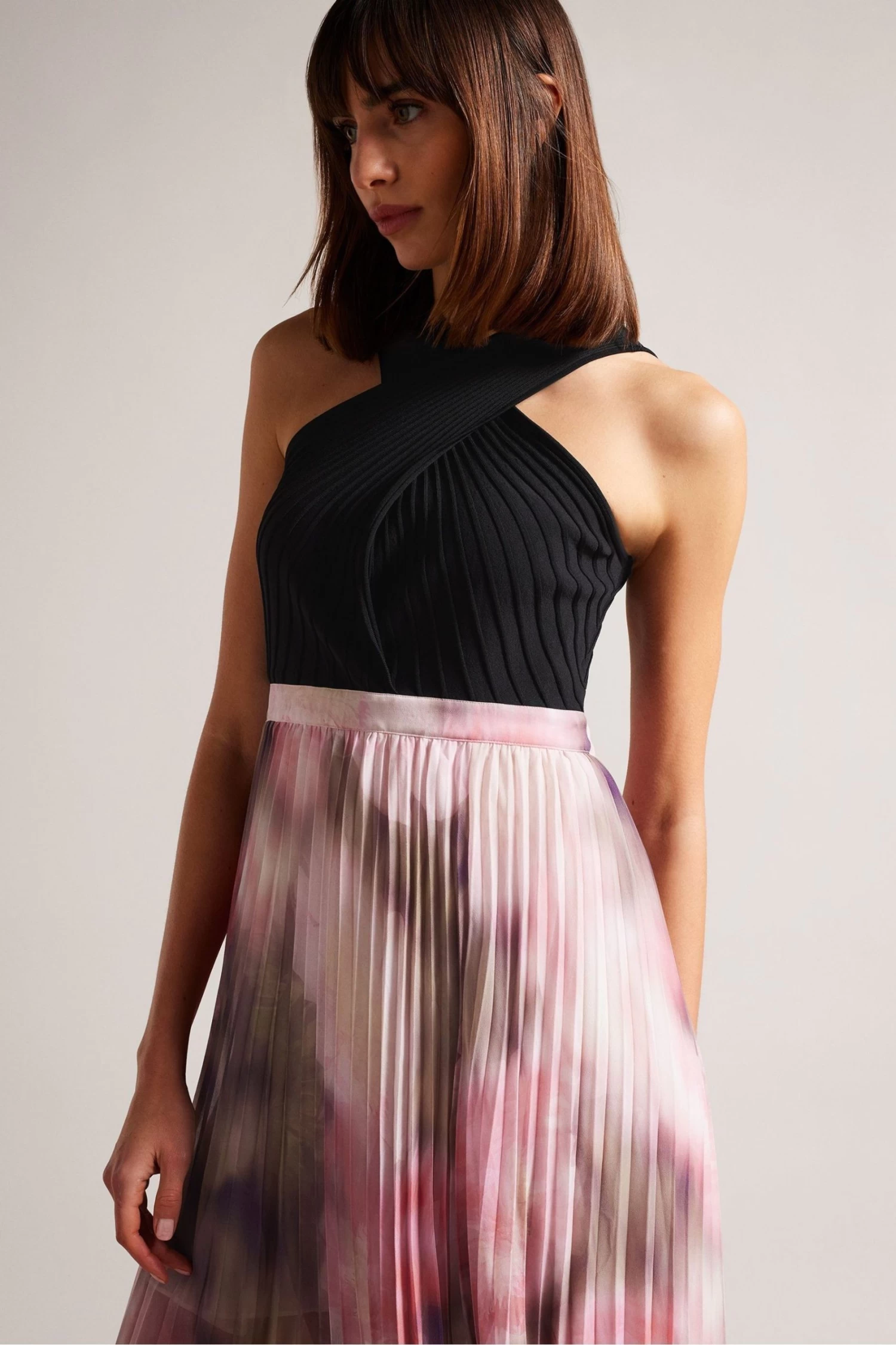 Ted Baker Pink Loulous Coral Cross Front Pleated Dress With Knit Bodice - Image 4