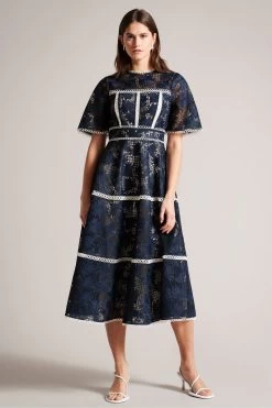 Ted Baker Blue Rubiely Fit And Flare Tiered Lace Midi Dress
