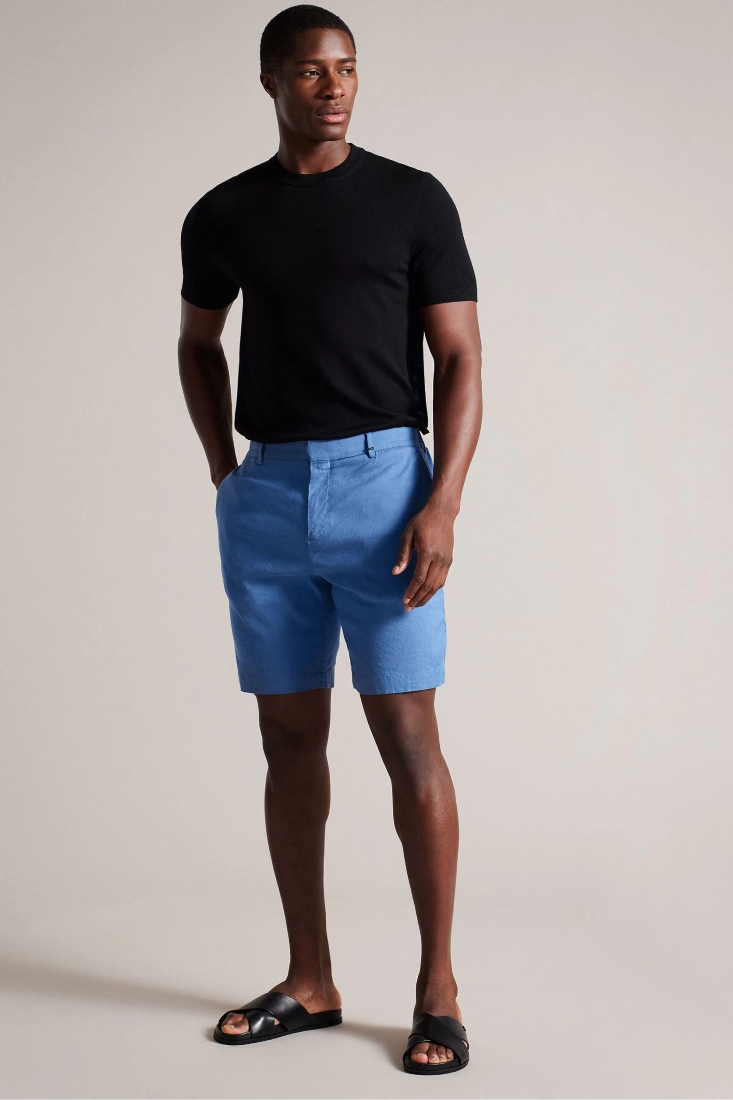 Ted Baker Blue Leder Linen Blend Half Elasticated Shorts - Image 3