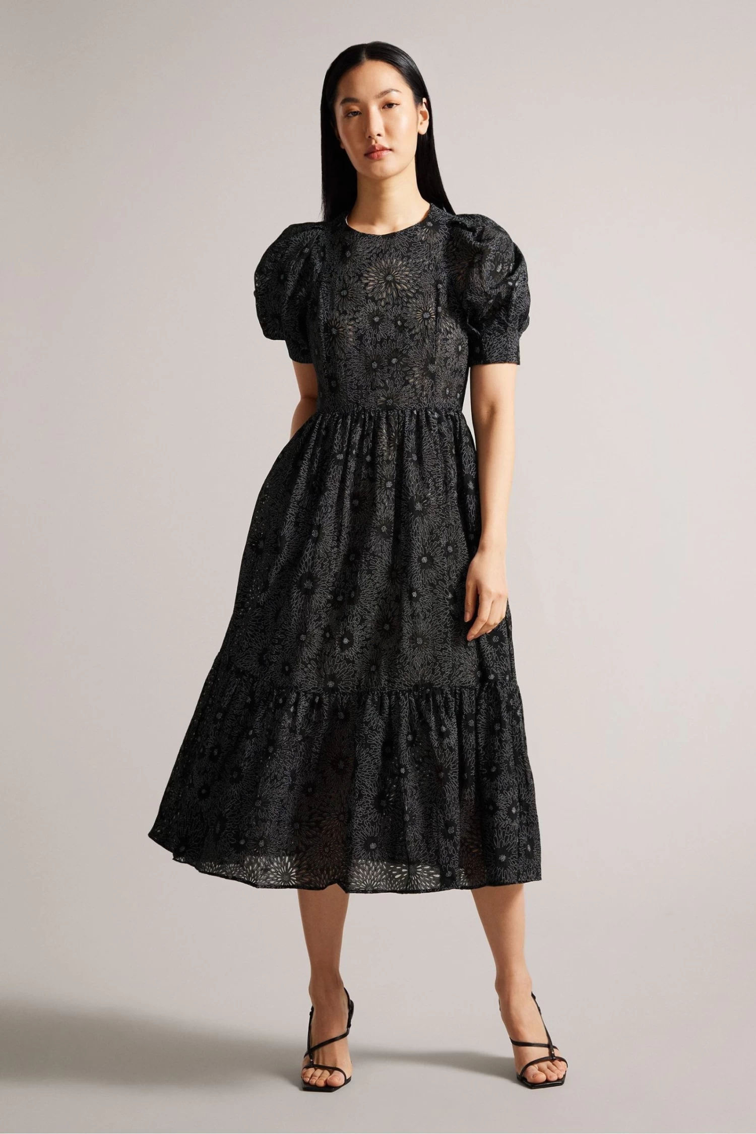 Ted Baker Meganie Puff Sleeve Tiered Midi Black Dress