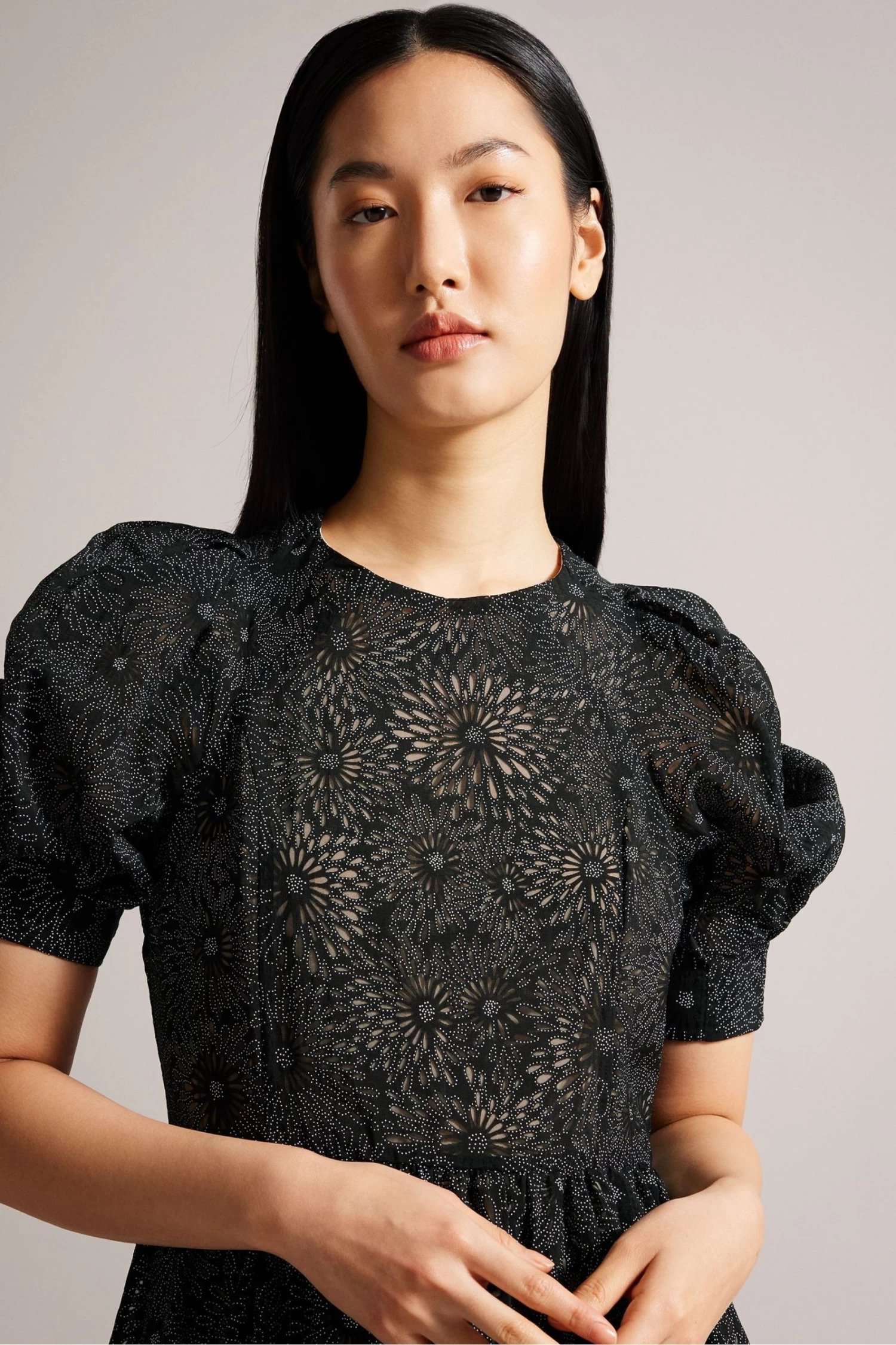 Ted Baker Meganie Puff Sleeve Tiered Midi Black Dress - Image 3
