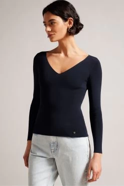 Ted Baker Blue Cileste V-Neck Slim Fit Knit Top