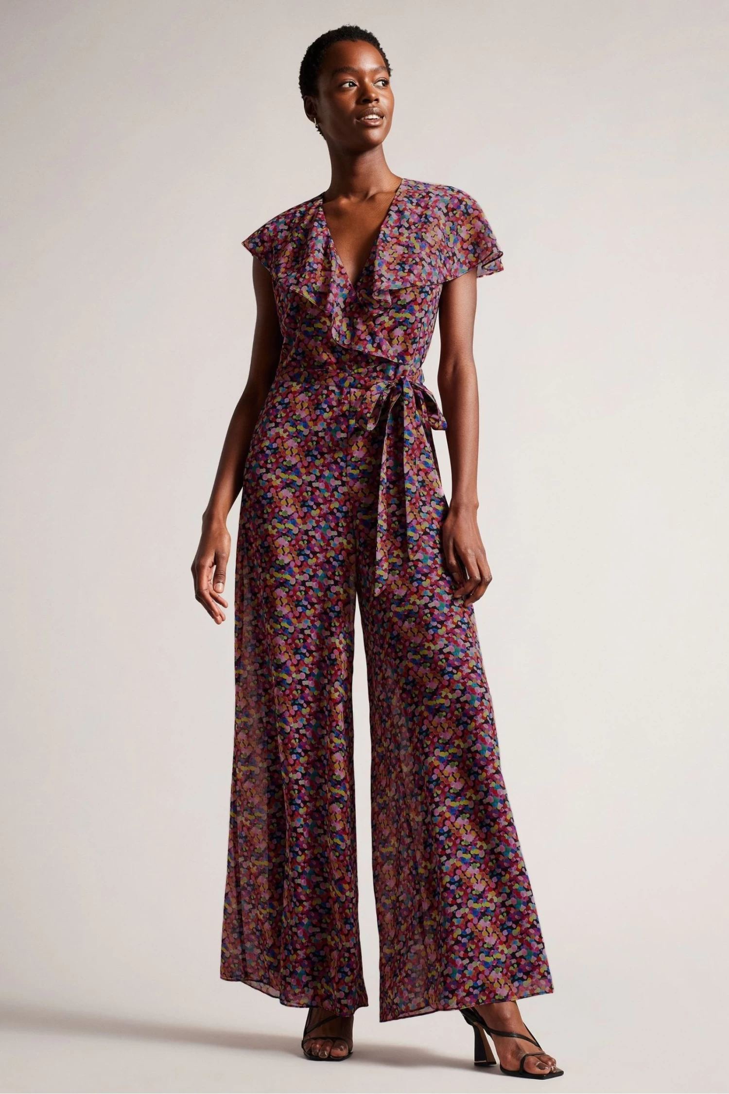 Ted Baker Surya Black Ruffle Front Wide Leg Jumpsuit