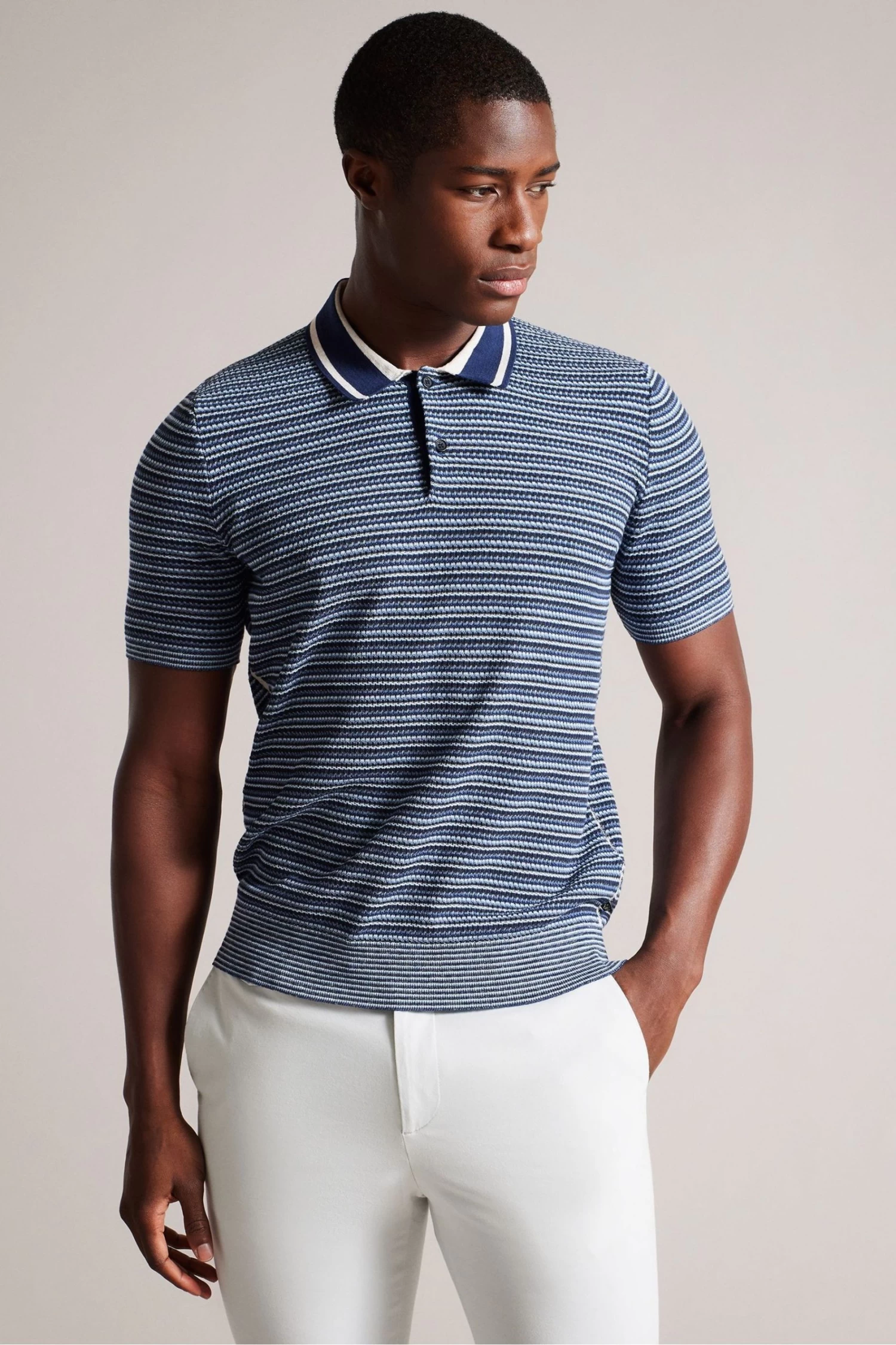 Ted Baker Blue Radwint Short Sleeved Textured Striped Polo Shirt