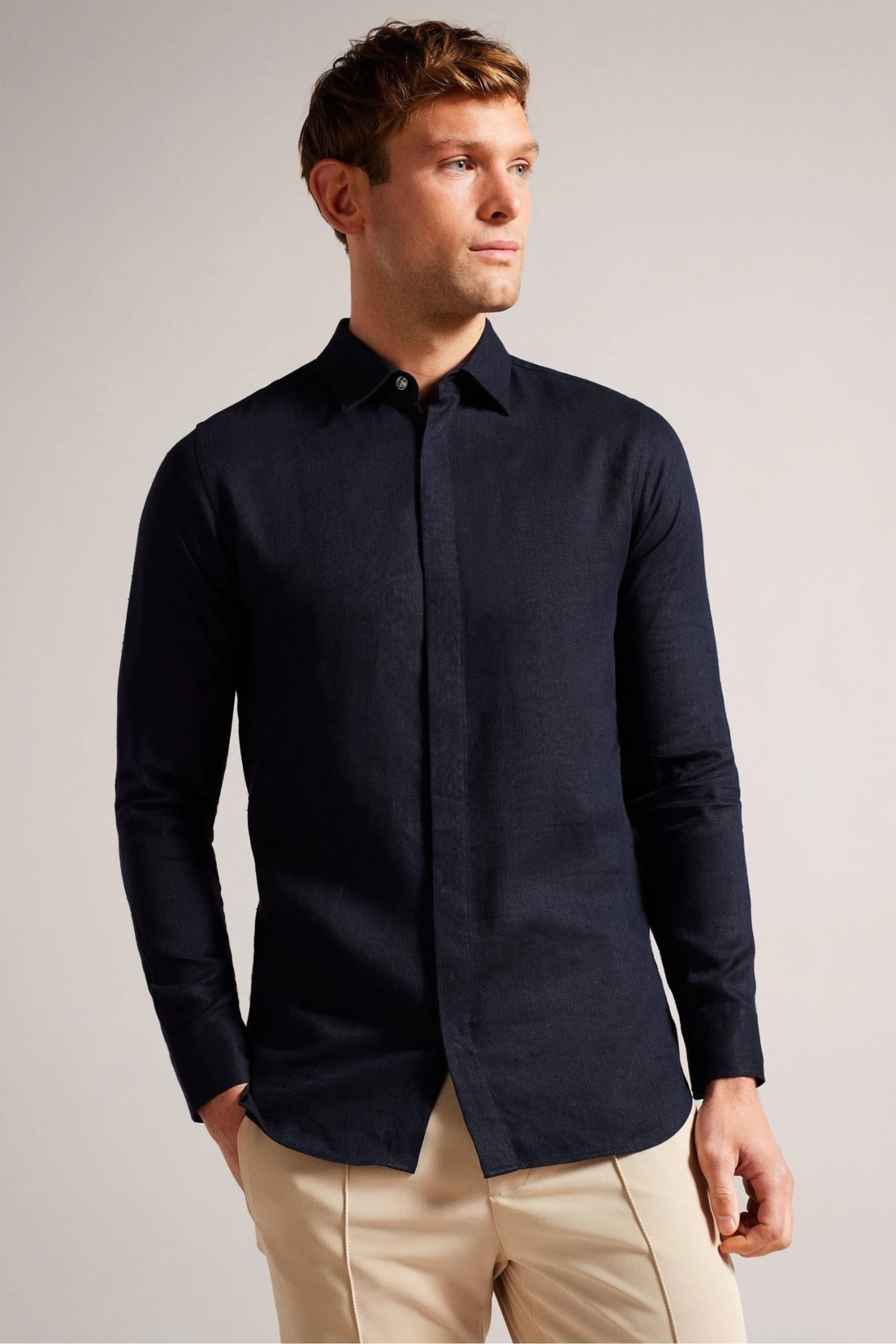 Ted Baker Blue Jasperr Long Sleeved Cotton Linen Shirt