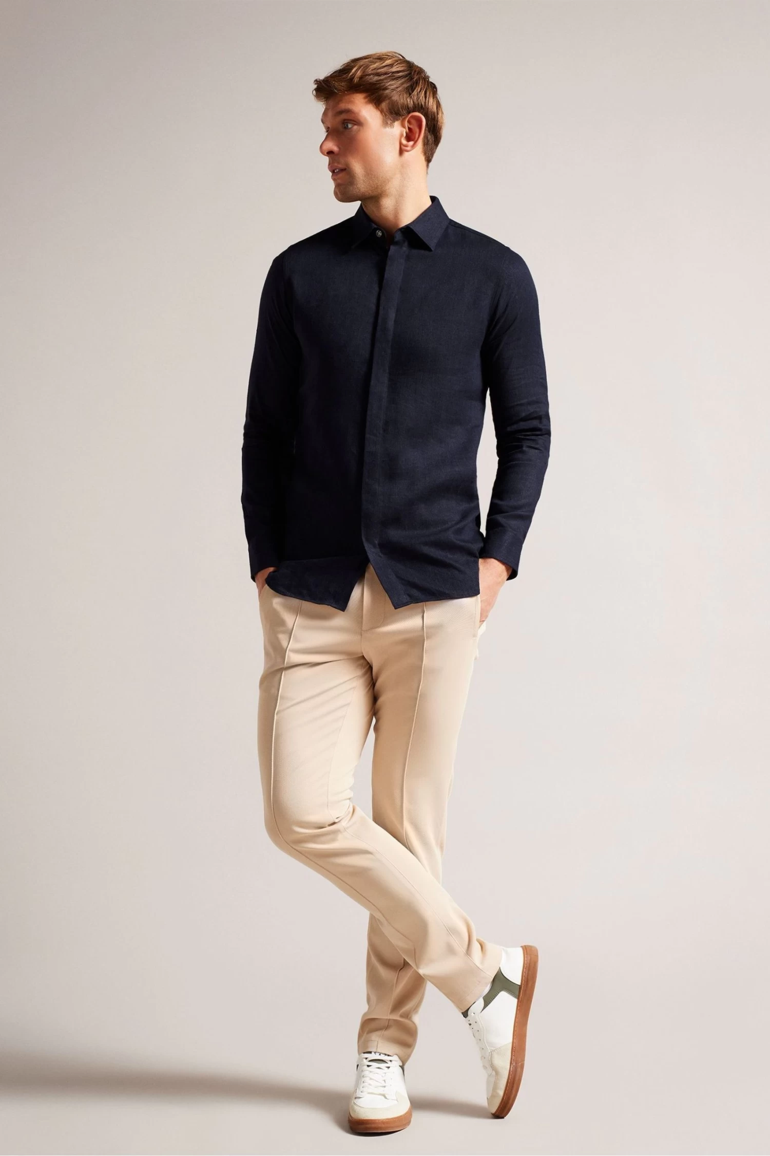 Ted Baker Blue Jasperr Long Sleeved Cotton Linen Shirt - Image 3