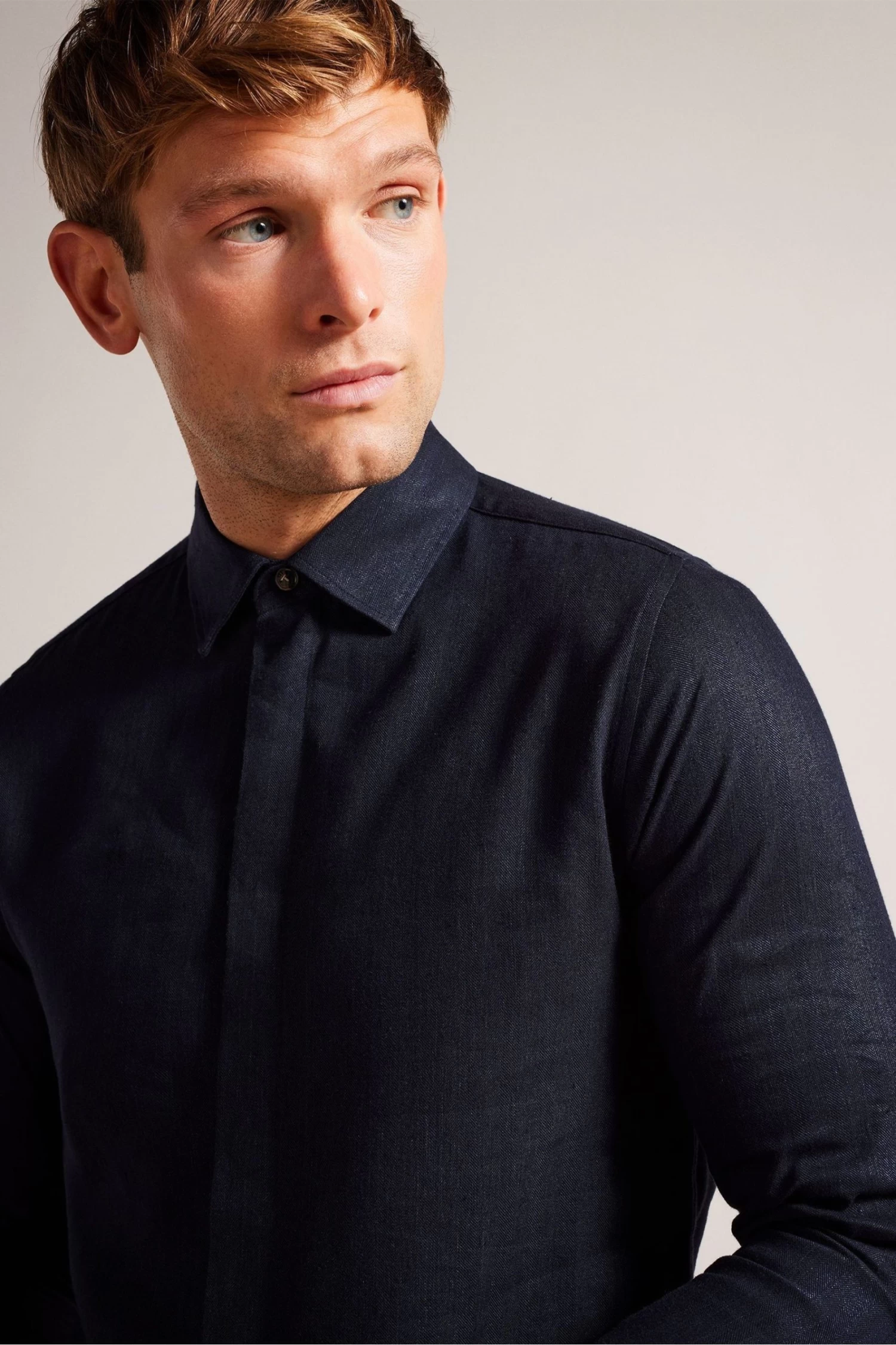 Ted Baker Blue Jasperr Long Sleeved Cotton Linen Shirt - Image 4