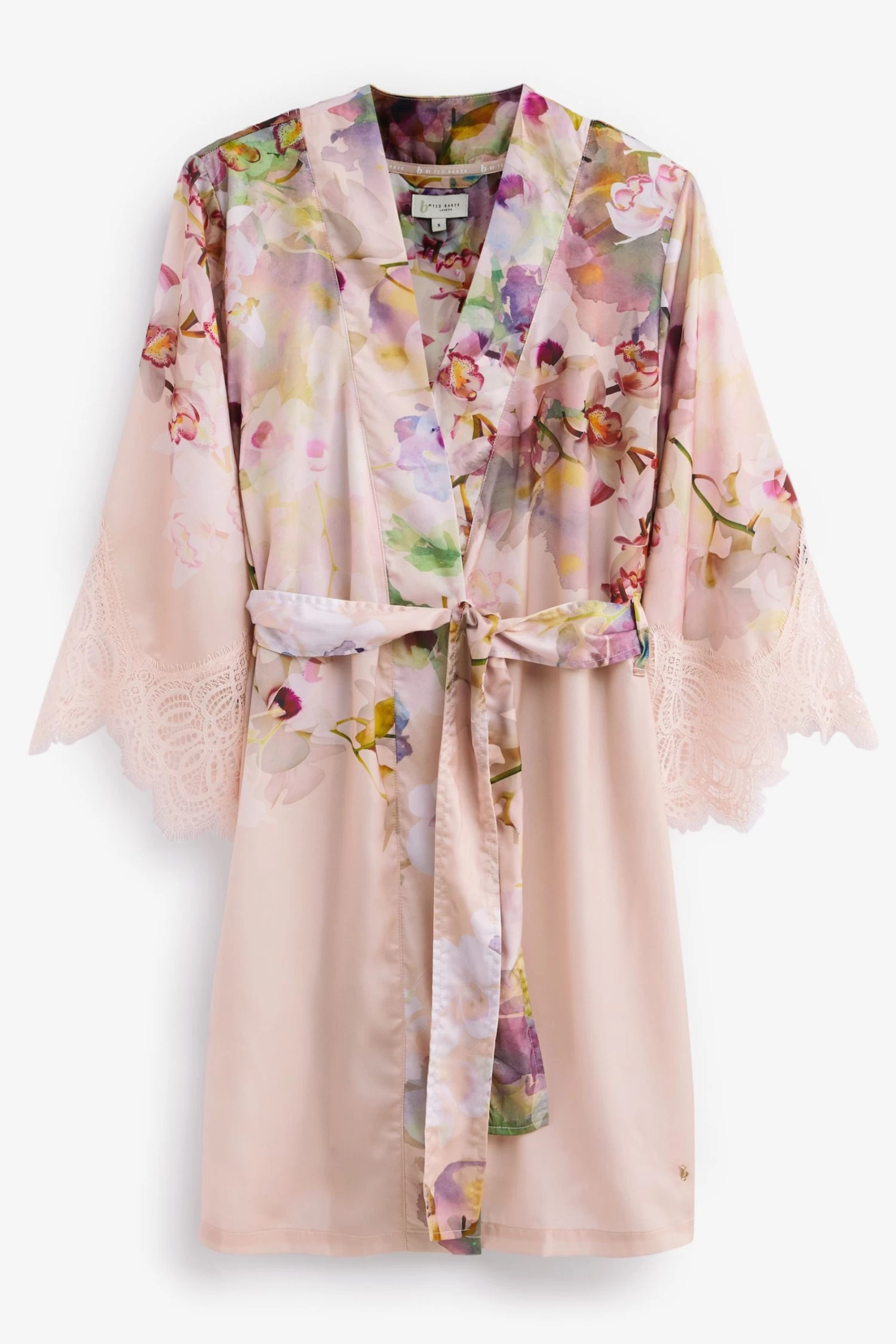 B By Ted Baker Pink Floral Satin Dressing Gown With Lace Details - Image 5