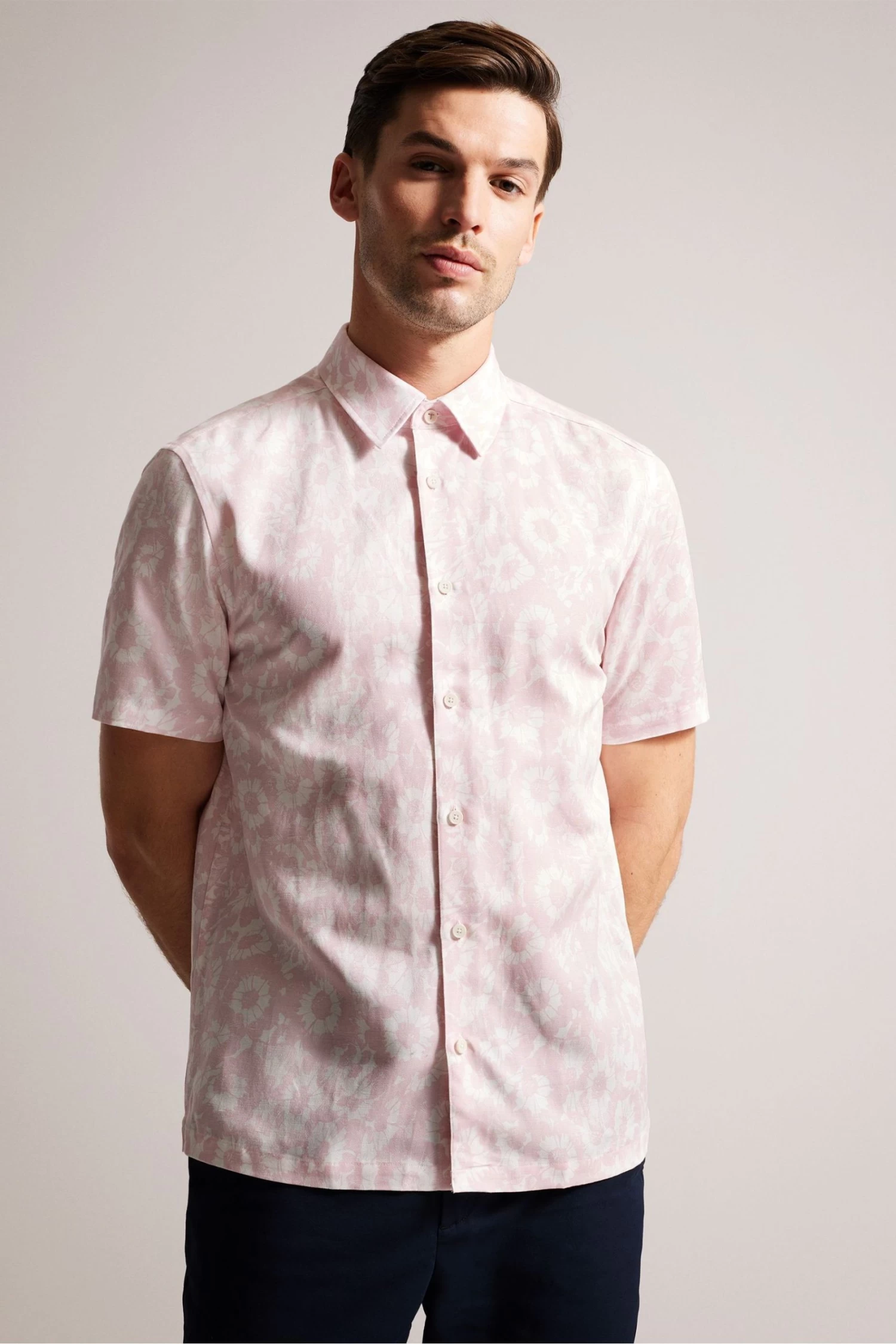 Ted Baker Pink Flaisby Short Sleeved Linen Blend Floral Print Shirt