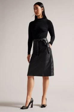 Ted Baker Alltaa Black Knitted Bodice Dress With Pleather Skirt