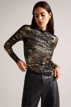 Ted Baker Sofiy Foil Print Mesh Black Top