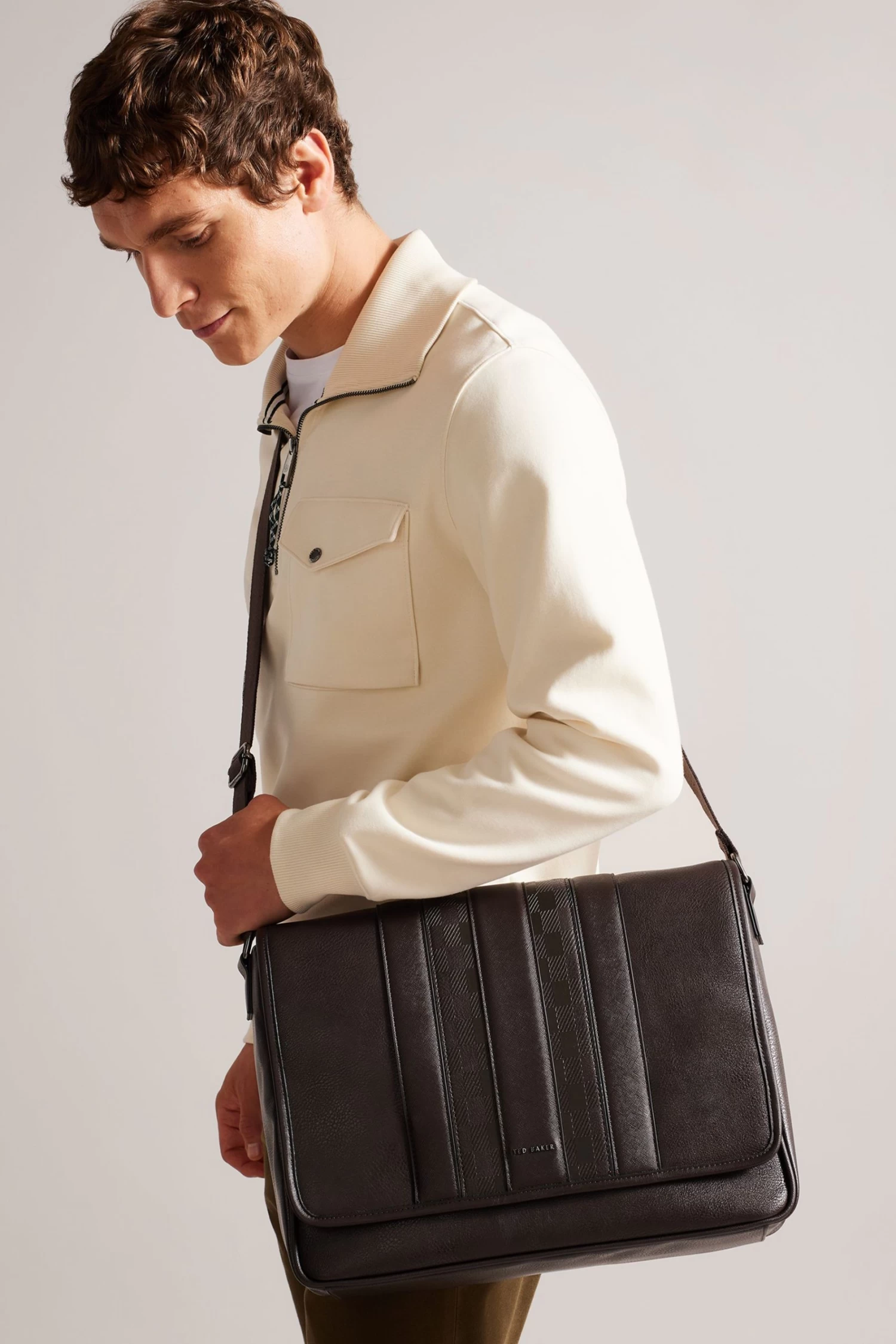 Ted Baker Wayvon House Check PU Brown Messenger Bag - Image 5