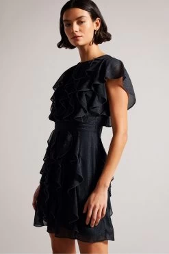 Ted Baker Dollei Black Ruffle Mini Dress With Metal Ball Trim