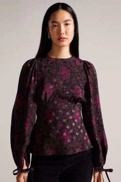 Ted Baker Terre Printed Peplum Black Top With Cuffed Sleeves