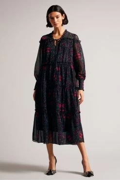 Ted Baker Ellyah Swing Midaxi Black Dress With Ruffle Tier Detail