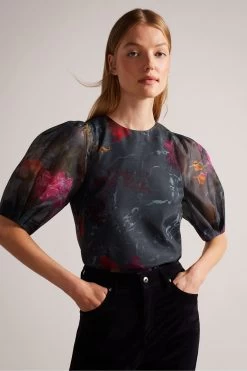 Ted Baker Ayymee Boxy Cropped Black Top With Puff Sleeve