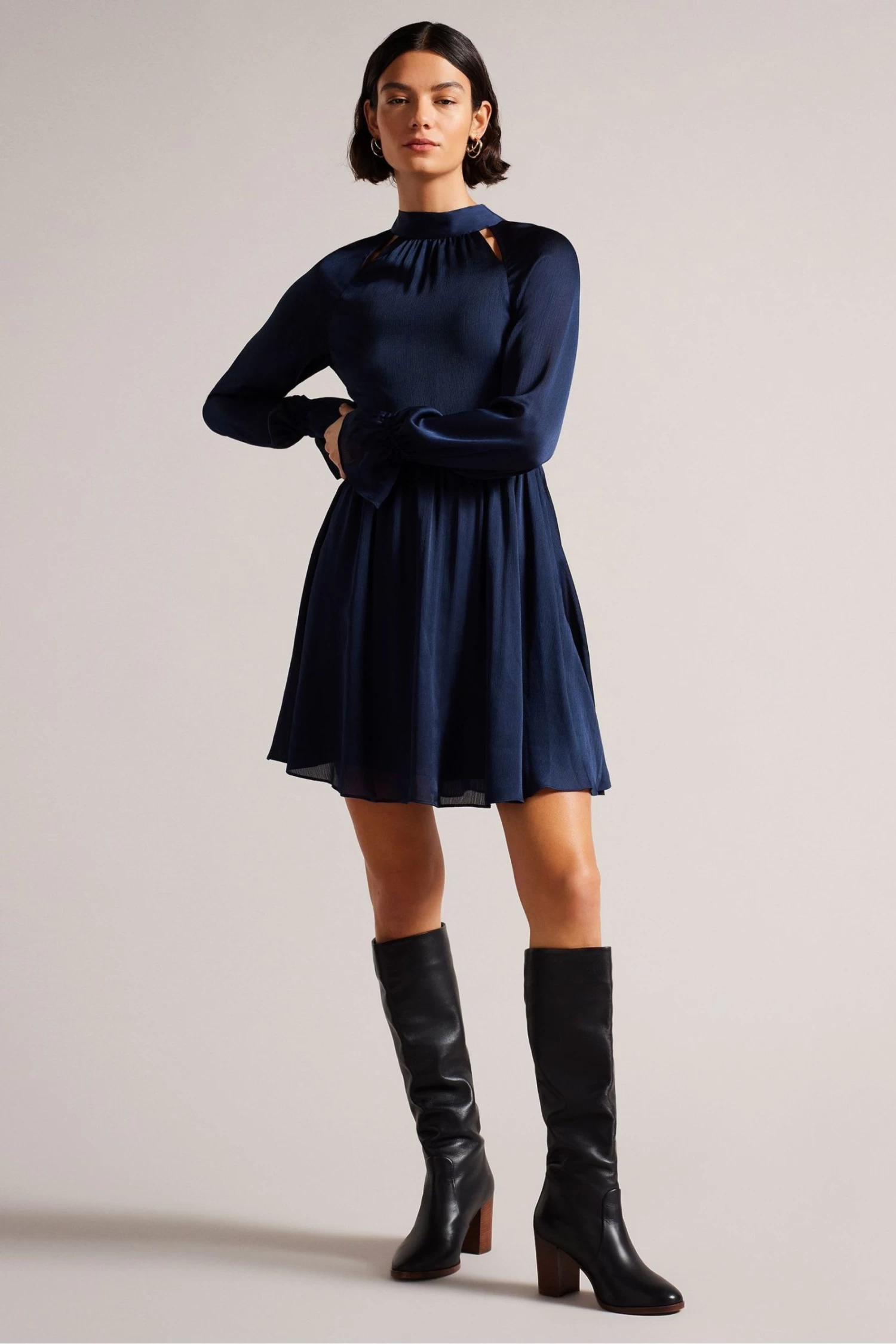 Ted Baker Ryaa Dark Blue High Neck Fit And Flare Mini Dress - Image 2