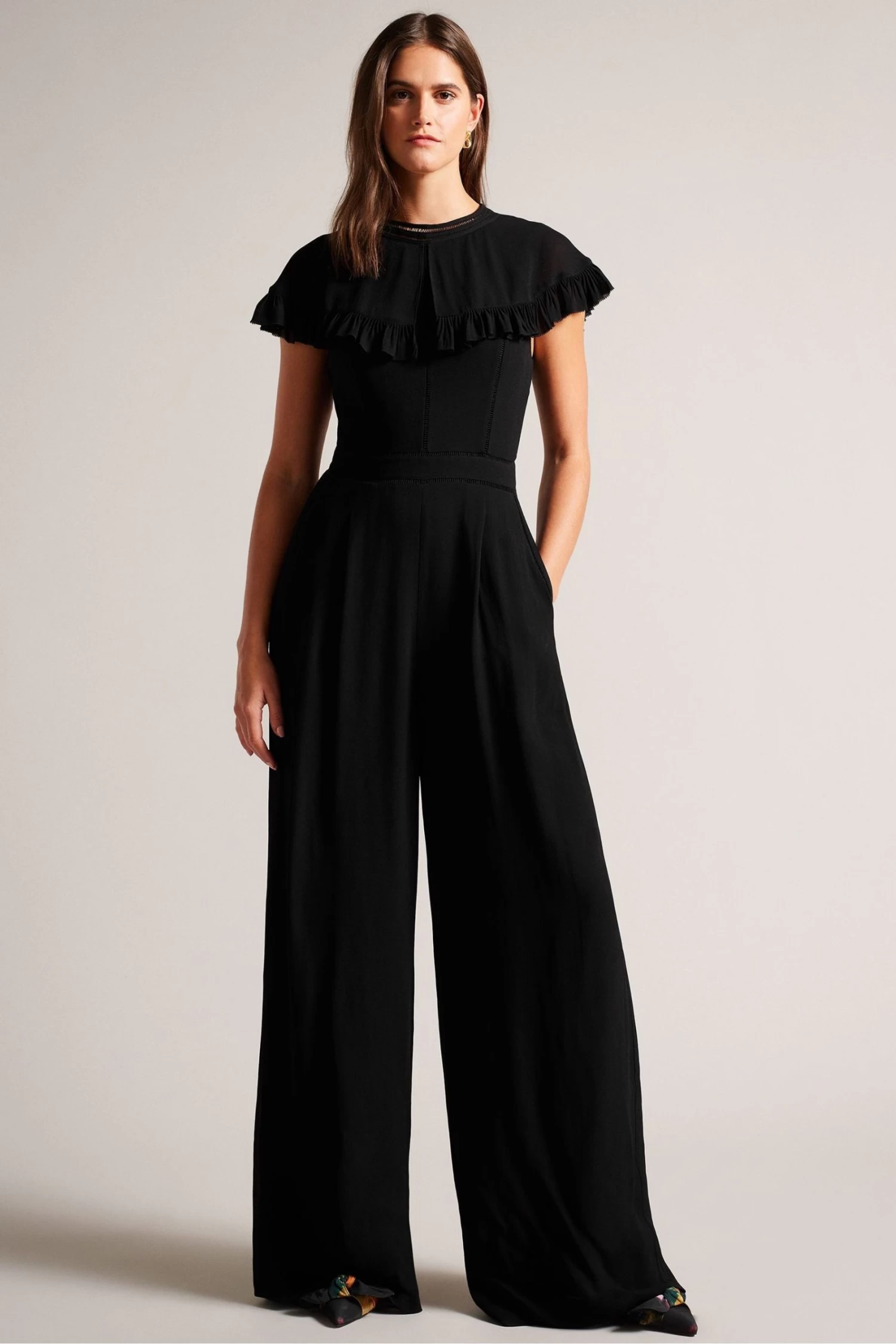 Ted Baker Olivvee Cape Black Jumpsuit With Ladder Tape Detail