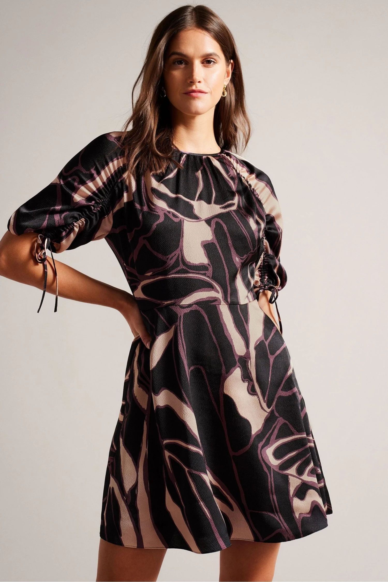 Ted Baker Gilliaa Black Printed Mini Fit And Flare Dress With Puff Sleeve