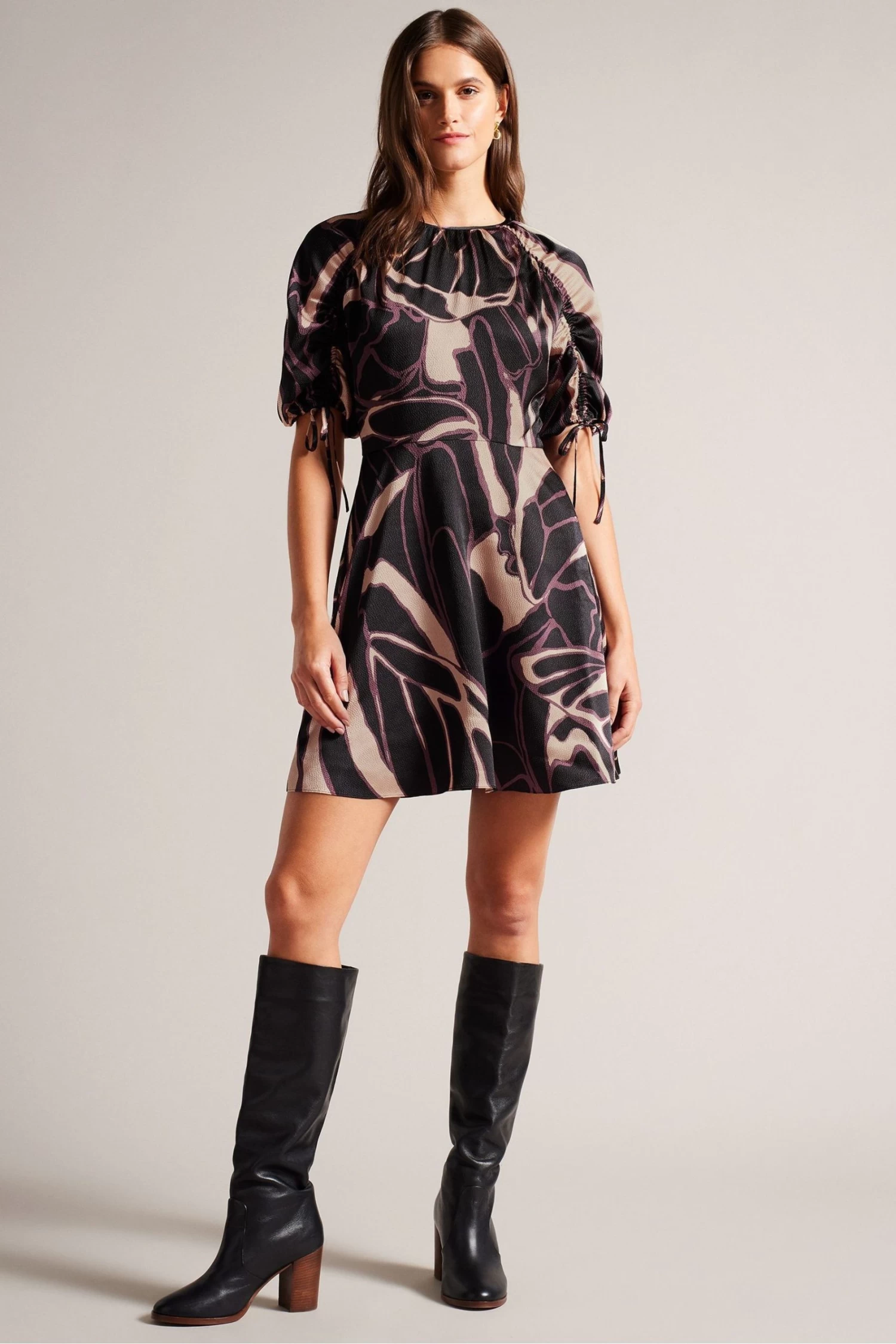 Ted Baker Gilliaa Black Printed Mini Fit And Flare Dress With Puff Sleeve - Image 2