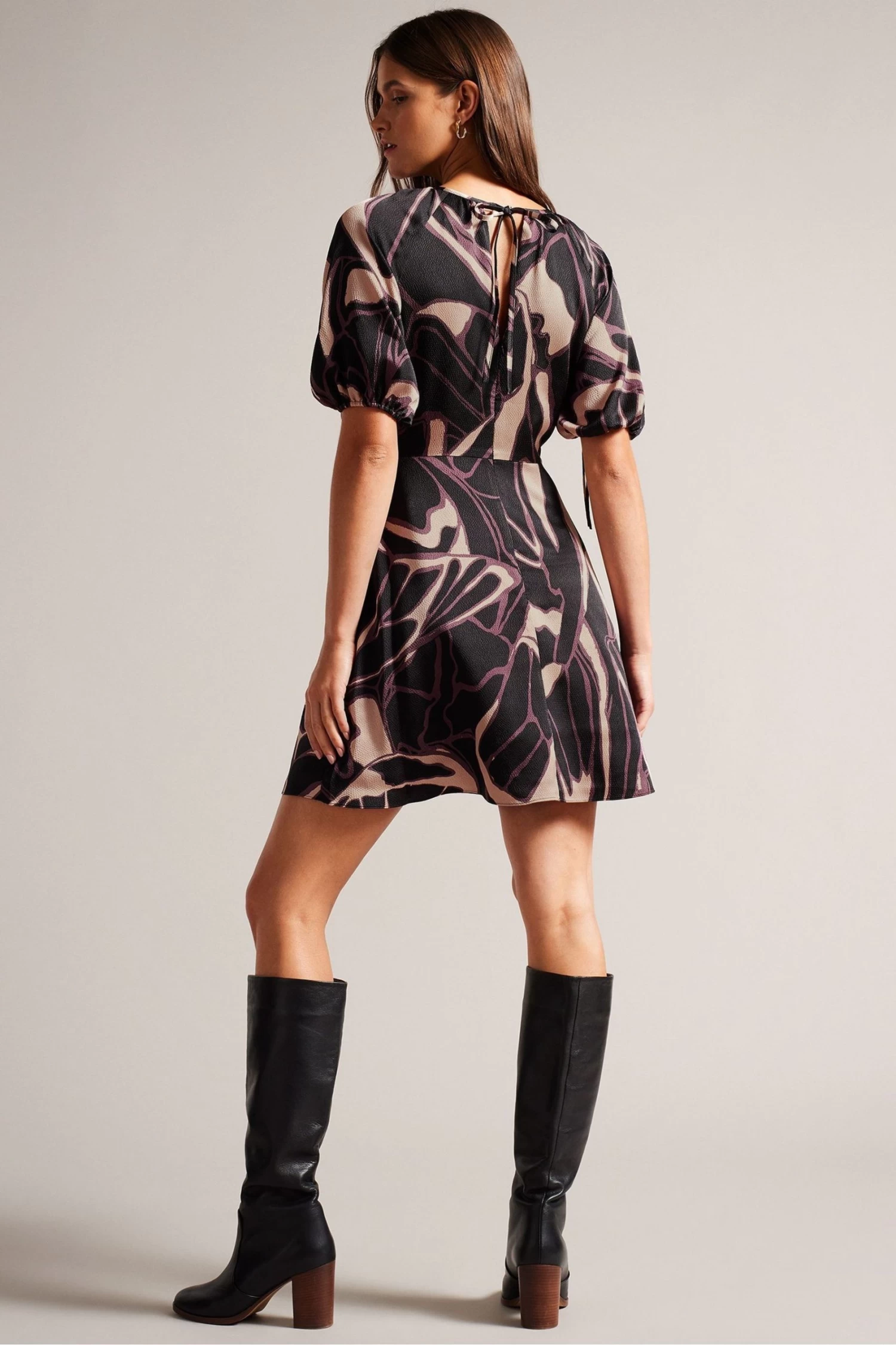 Ted Baker Gilliaa Black Printed Mini Fit And Flare Dress With Puff Sleeve - Image 3