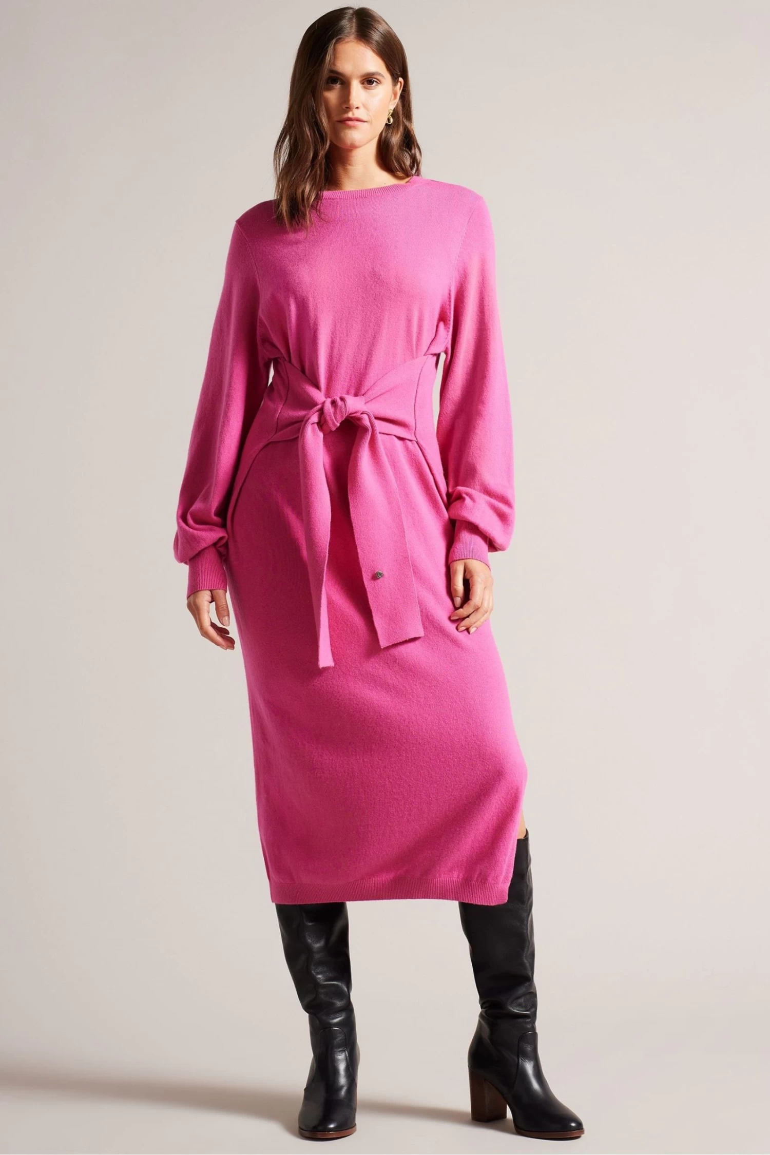 Ted Baker Pink Essya Slouchy Tie Front Midi Knit Dress