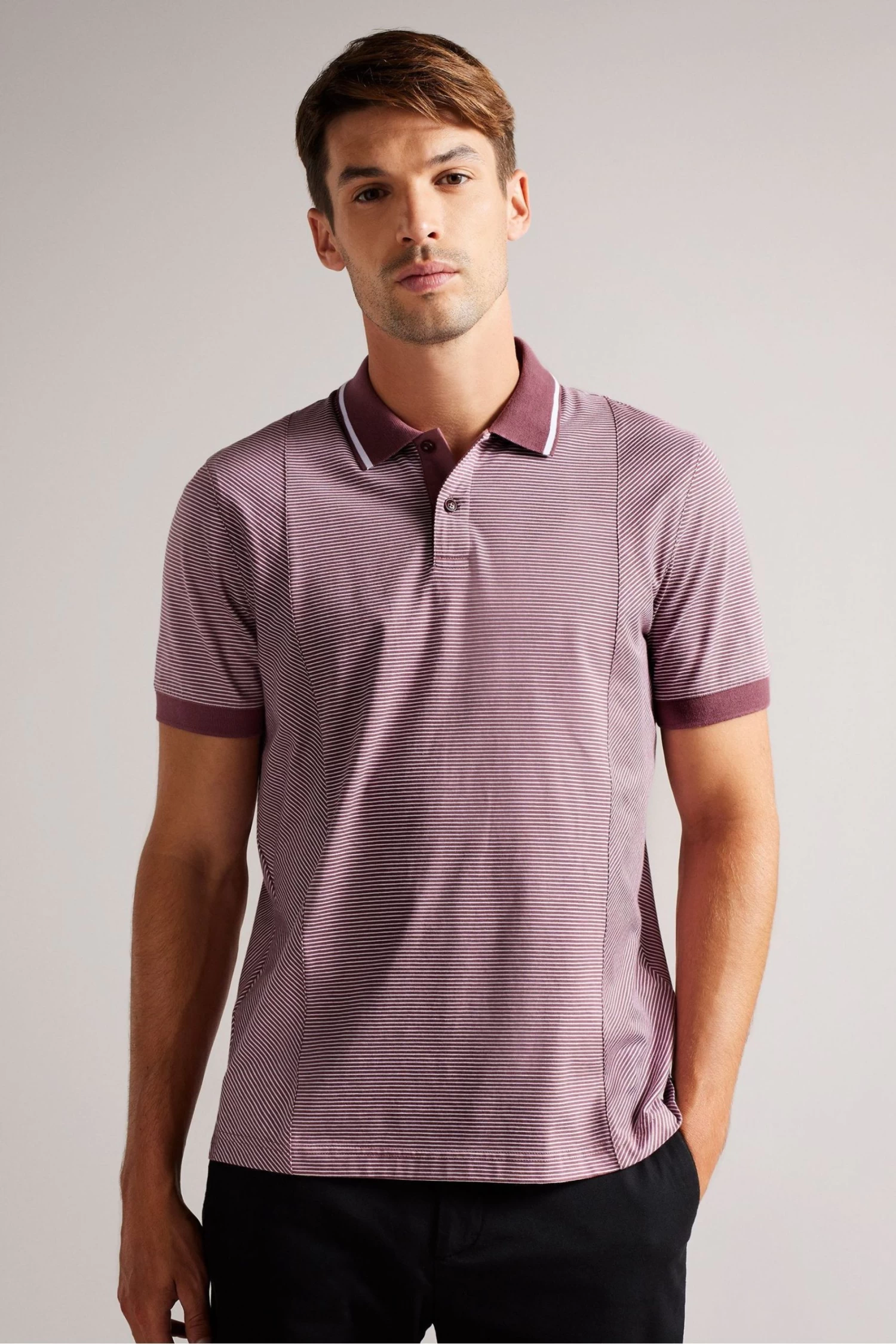 Ted Baker Regular Maroon Red Taigaa Striped Panelled Polo Shirt
