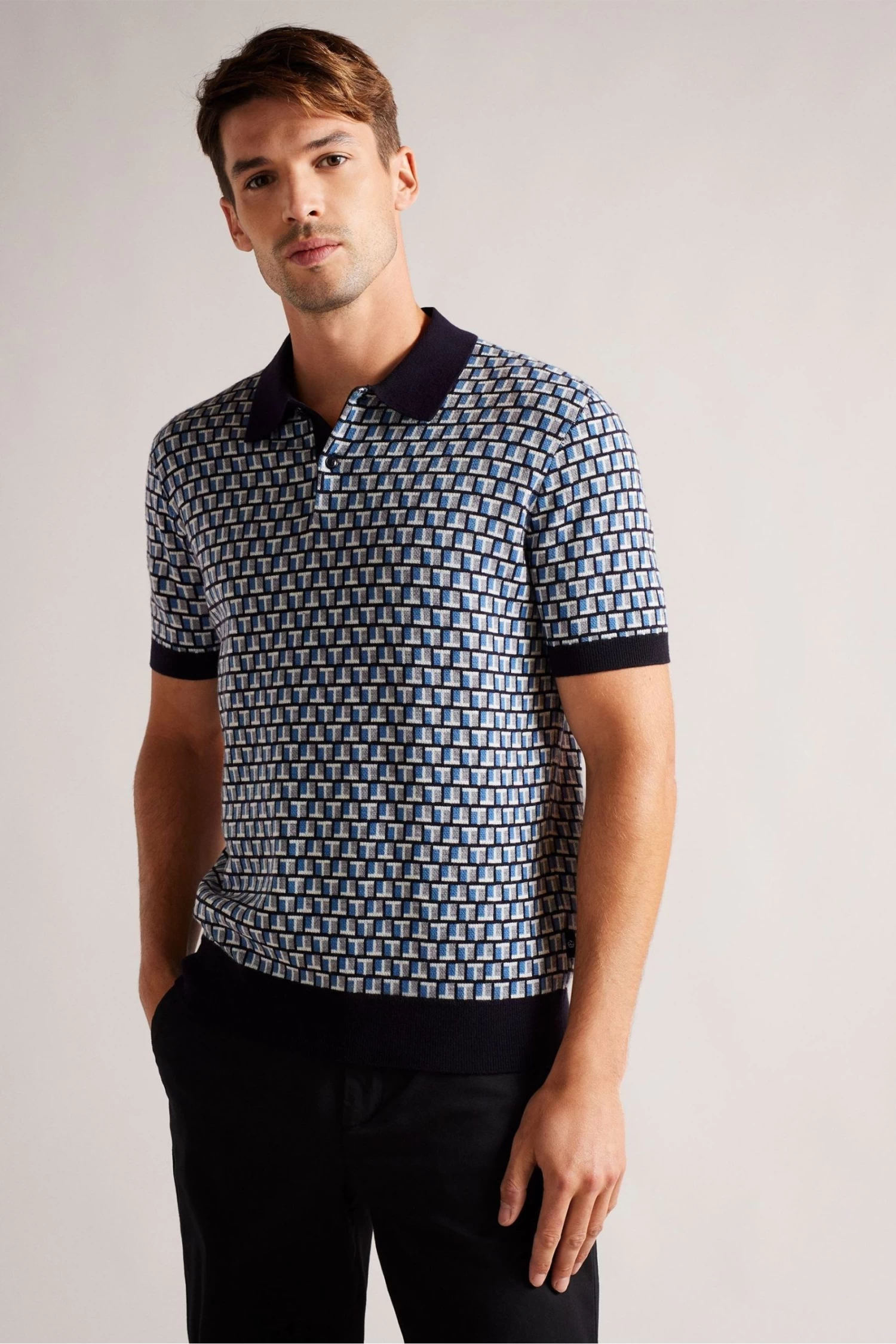 Ted Baker Regular Blue Badenn Jacquard Knitted Polo Shirt